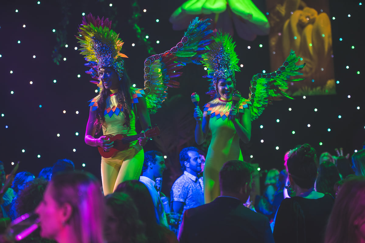 two ladies on stilts dressed as parrots