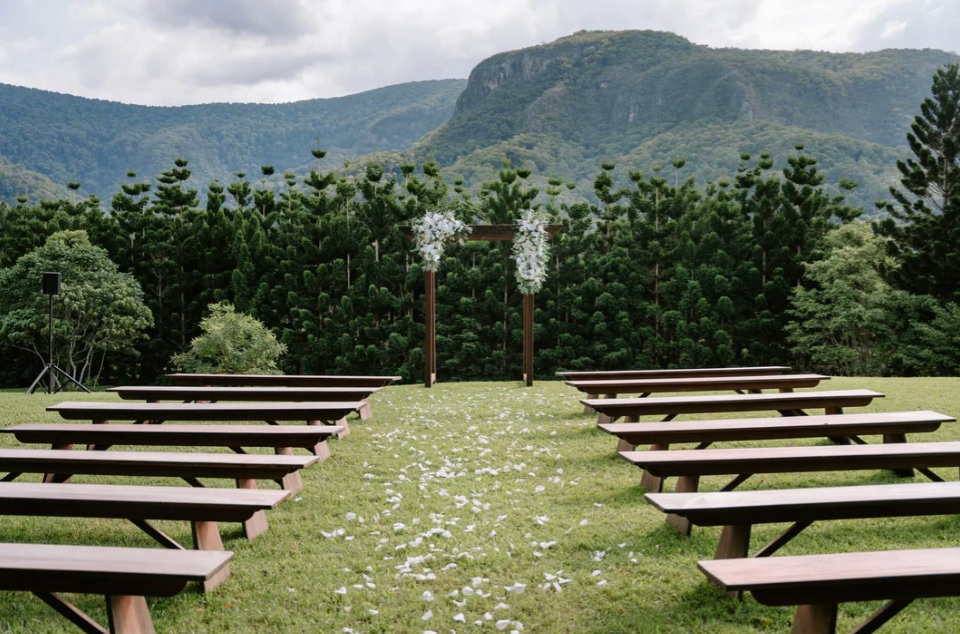 Outdoor wedding ceremony setup at The Bower Estate in the Gold Coast Hinterland.