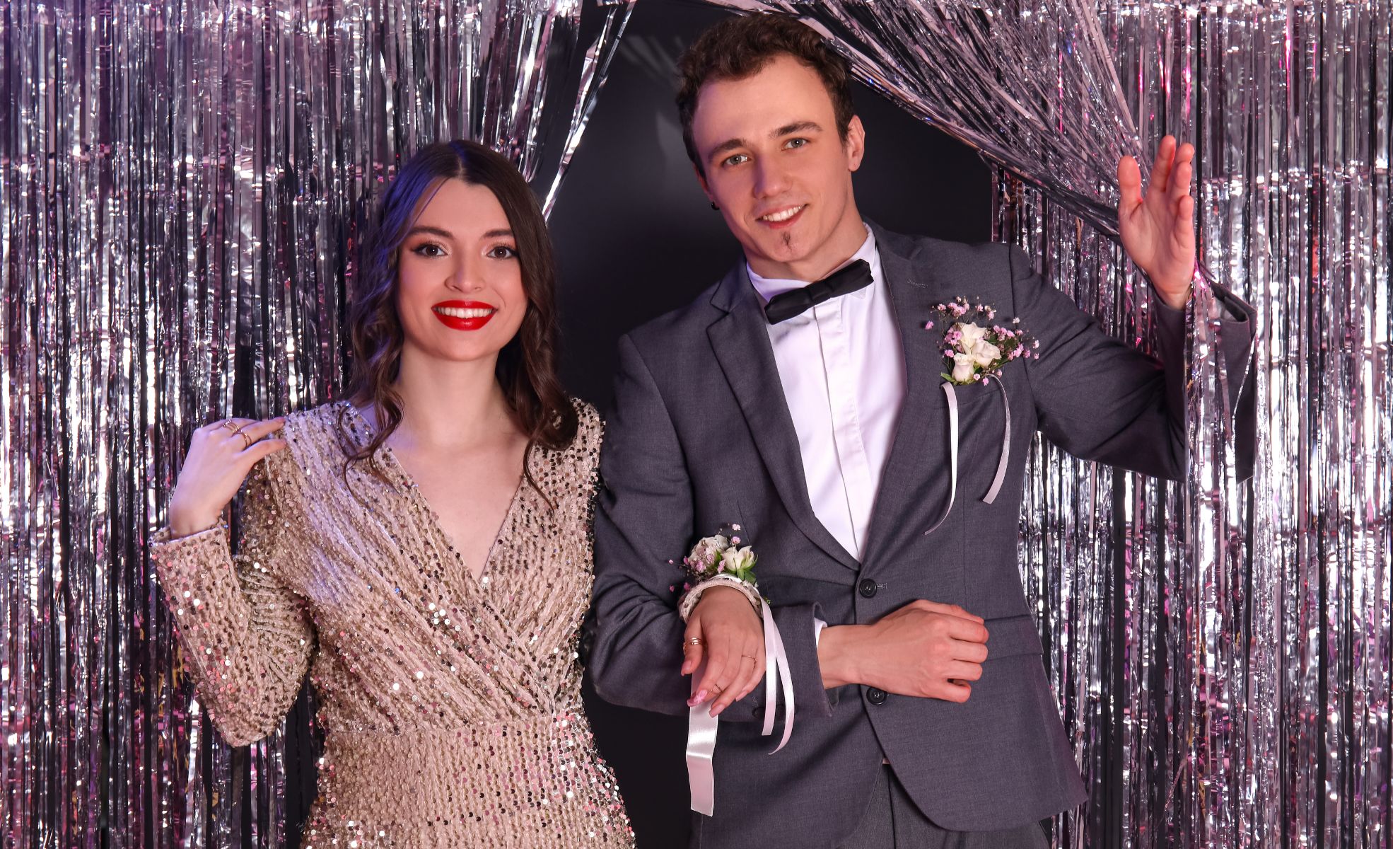 Dressed Up Couple With Formal Backdrop