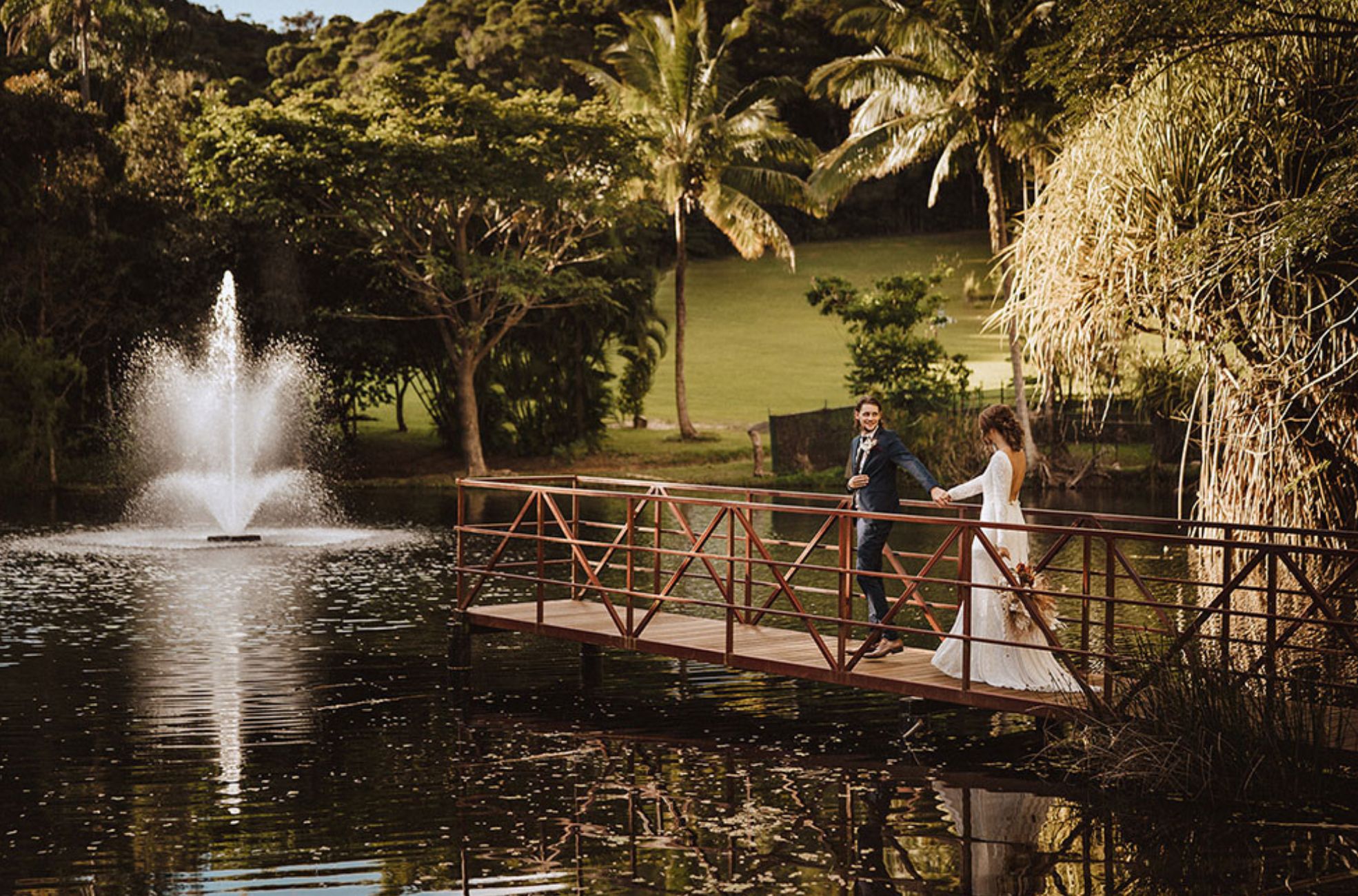 Atherton QLD Country Wedding Bride And Groom Near Fountain