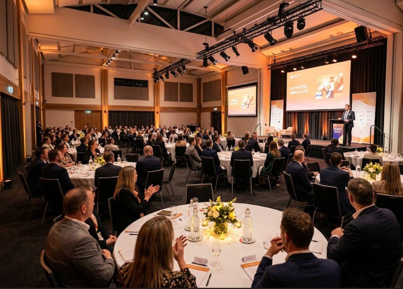 Guests seated at cabaret-style seating watching the MC give a speech at a function.
