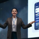 Presenter showcasing a new mobile app at a product launch event.