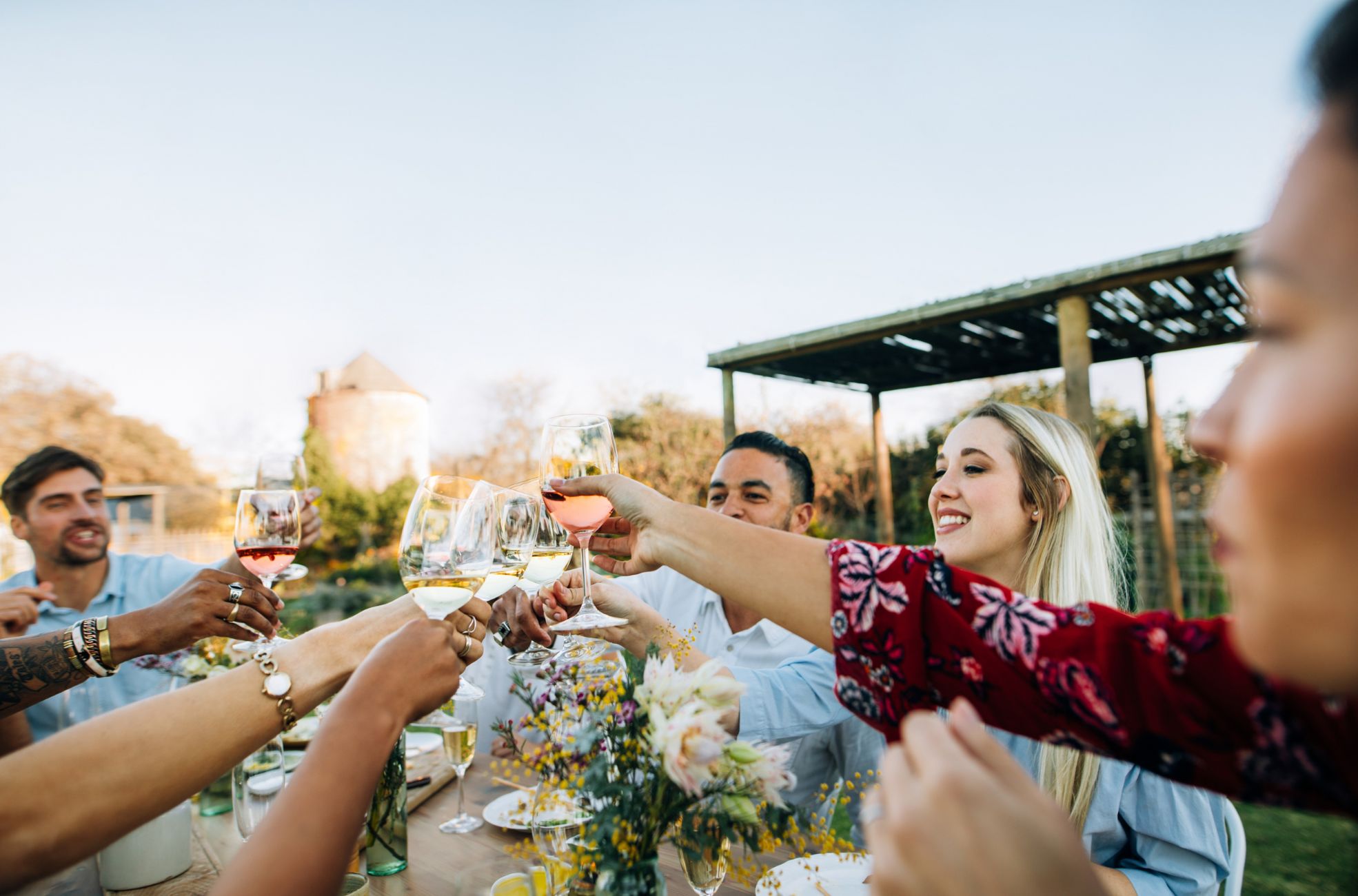 People Enjoying A Long Lunch