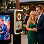 AI photo booth transforming guests into a colourful festival-style poster at a corporate party.