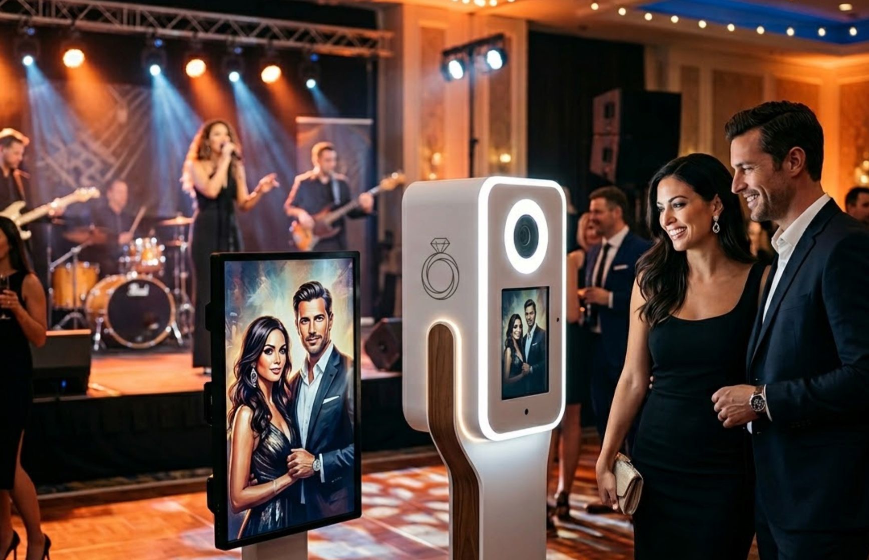 AI photo booth at a corporate event with a live band performing in the background.