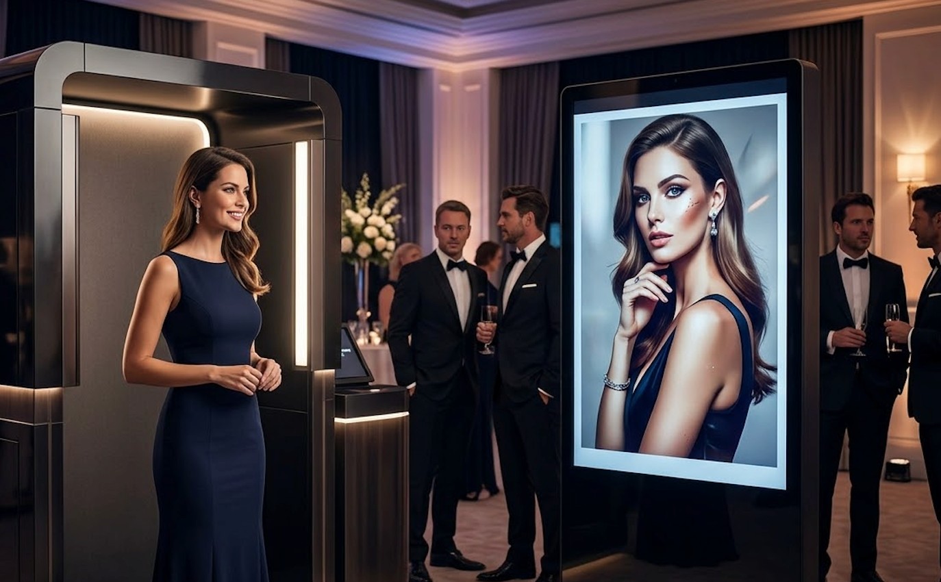 Elegant AI photo booth experience at a black-tie corporate gala with portrait display.