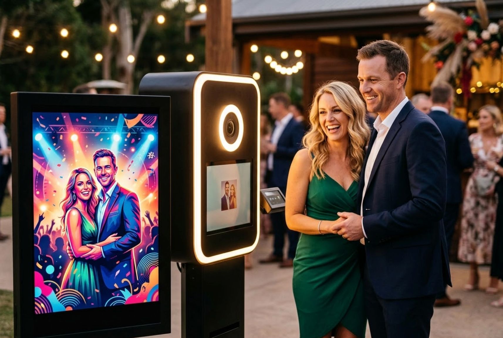 AI-Photo-Booth AI photo booth transforming guests into a colourful festival-style poster at a corporate party.
