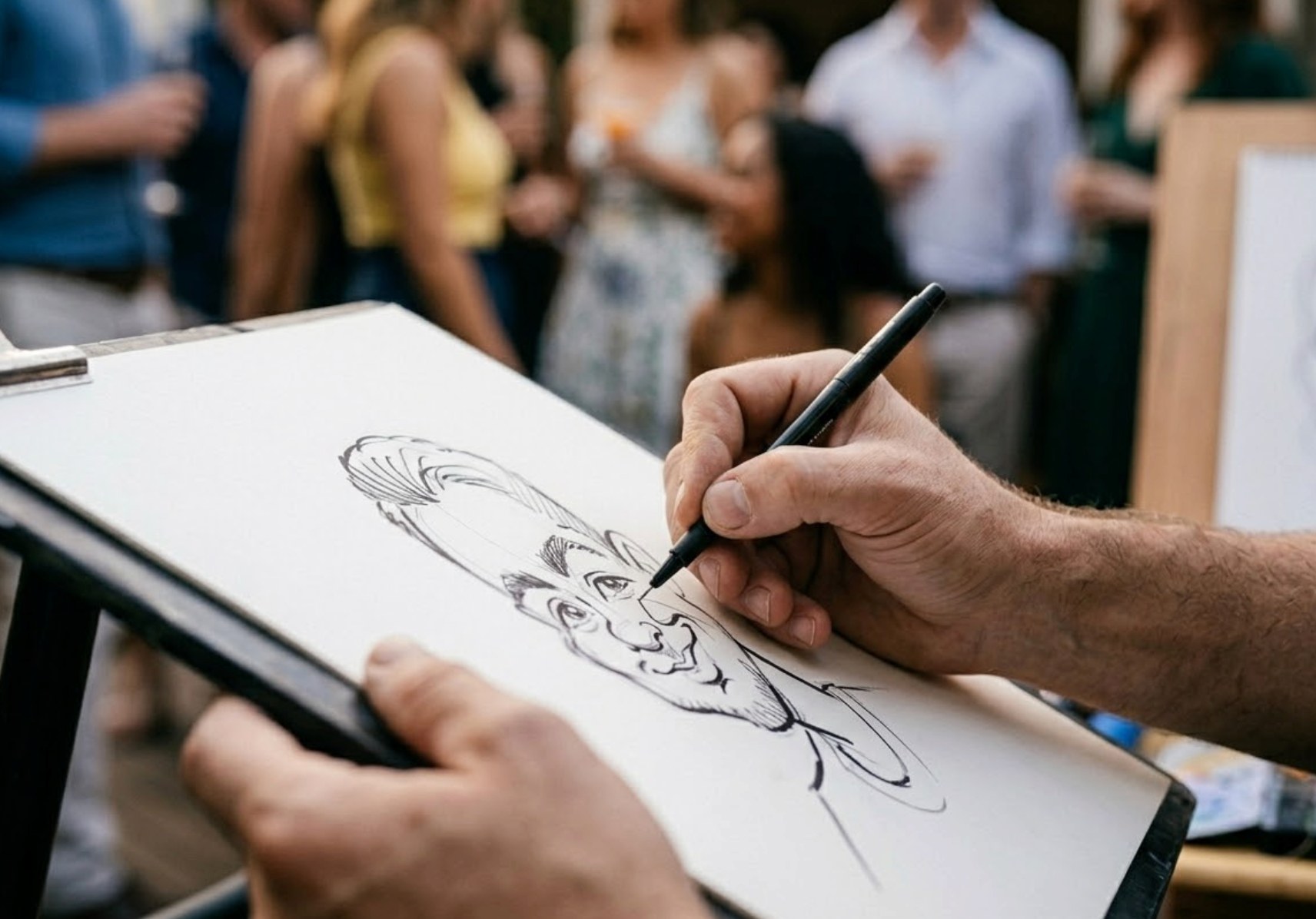 Close-up of caricature artist sketching portrait at live event with blurred crowd in background.
