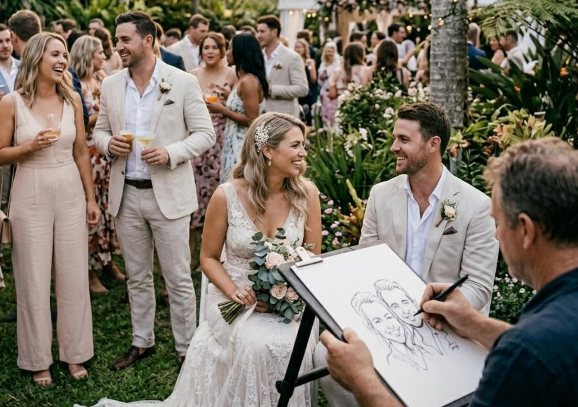 Caricature artist drawing bride and groom at outdoor wedding with guests watching.