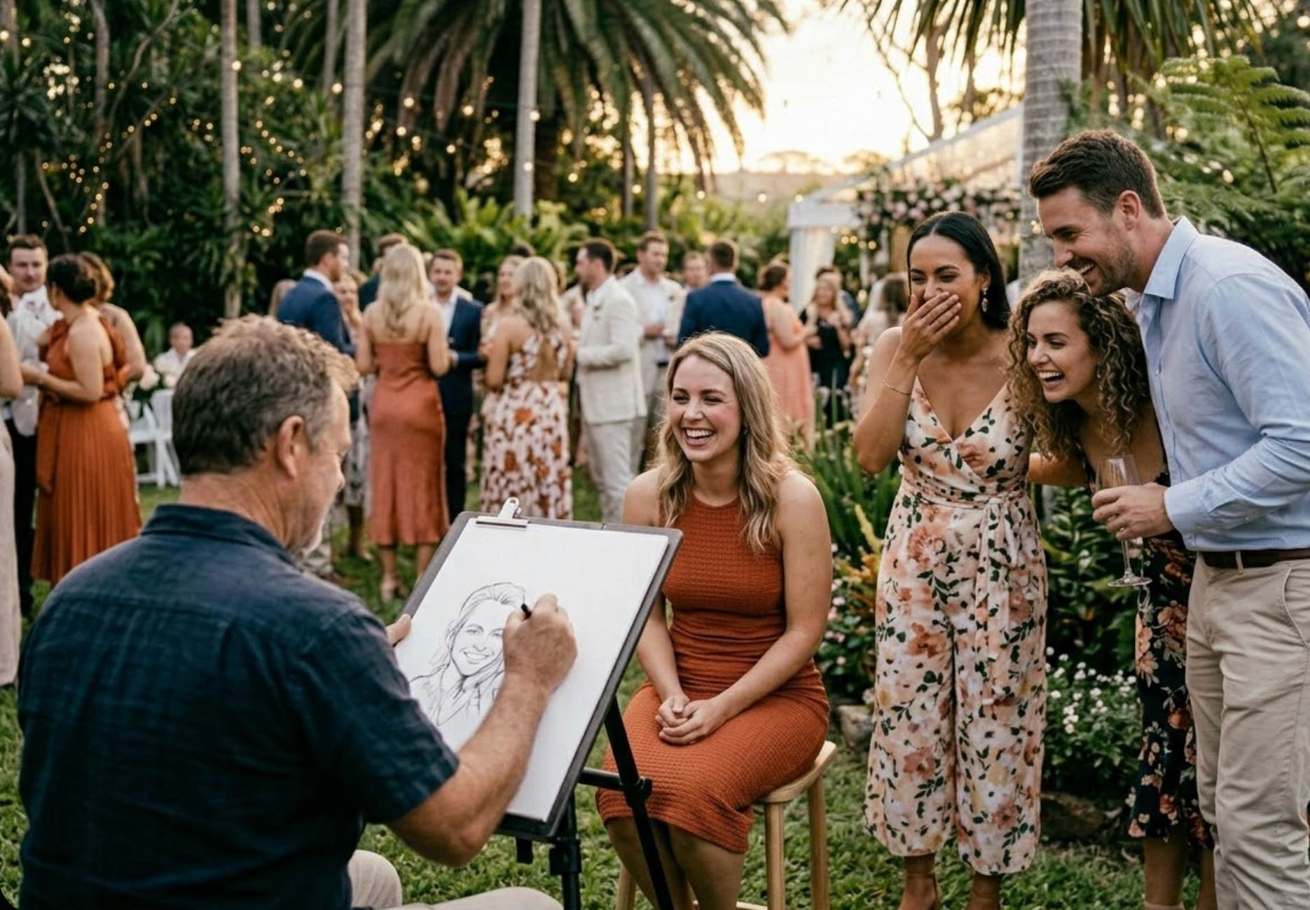 Guests watching and laughing while a caricature artist draws at an outdoor party with relaxed social atmosphere.