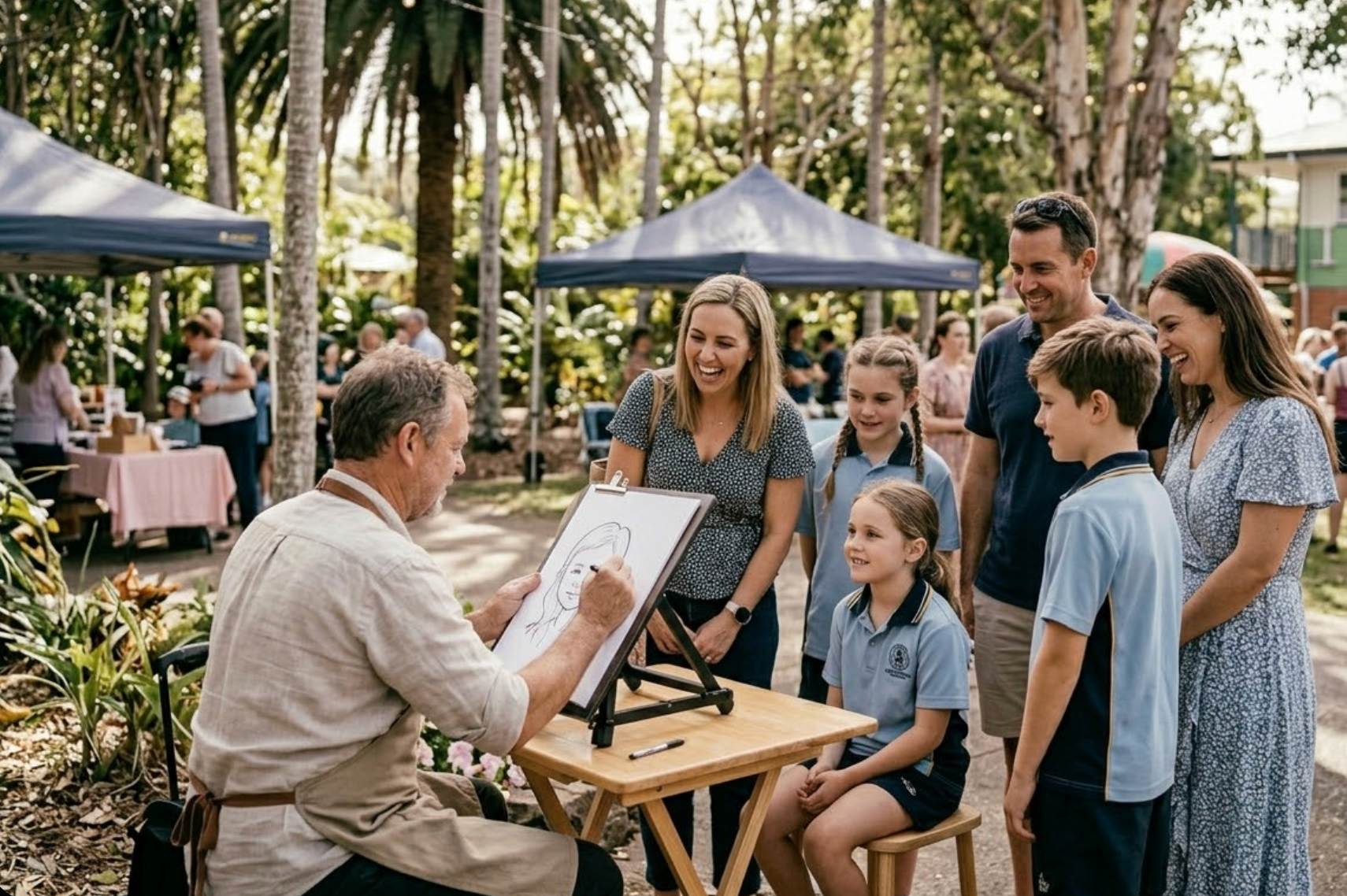 A caricature artist drawing child at outdoor school event with students and parents watching.