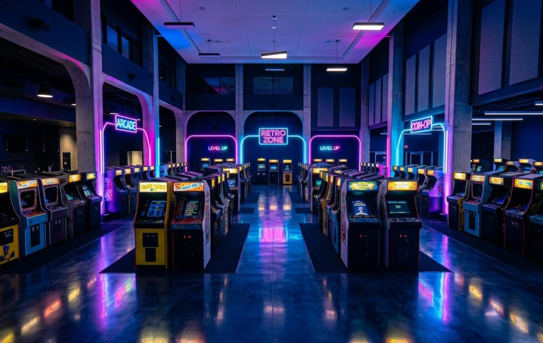 Retro arcade machines set up in a neon-lit event space.