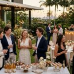 Outdoor cocktail-style 18th birthday party in Brisbane with young adults, catering setup and relaxed garden celebration.