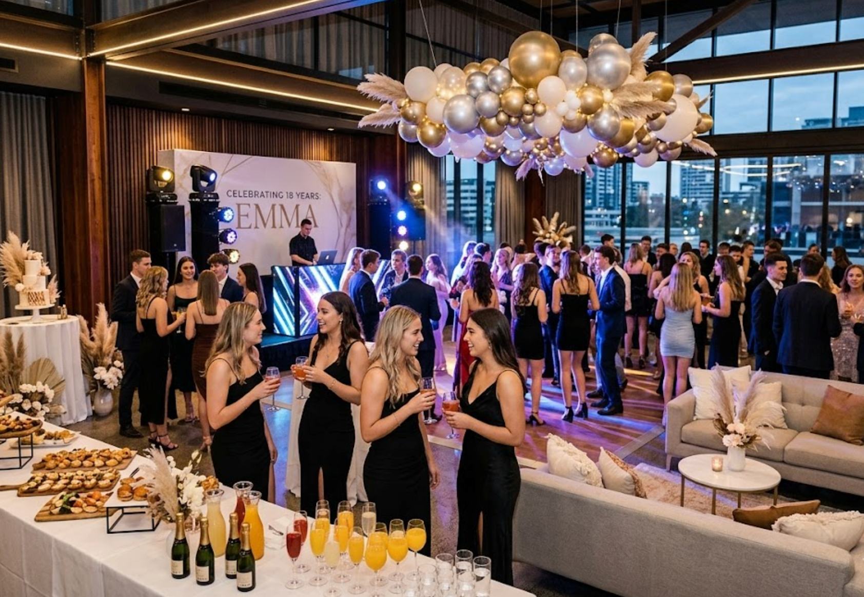 A large venue for an 18th birthday party, with live entertainment.
