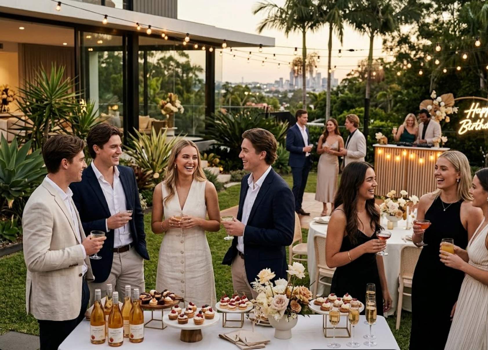 Outdoor cocktail-style 18th birthday party in Brisbane with young adults, catering setup and relaxed garden celebration.