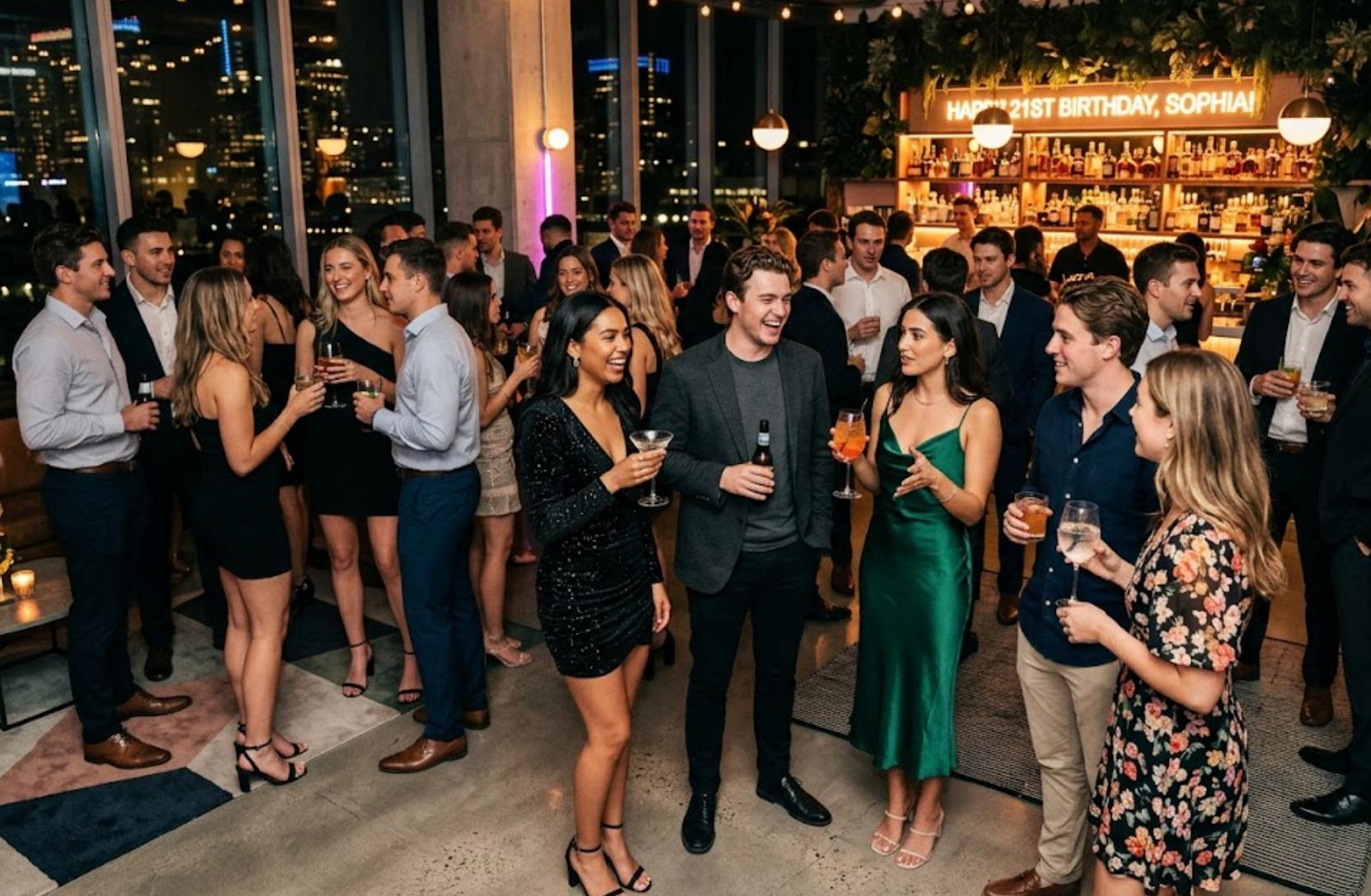 Group of friends enjoying cocktails at a backyard 21st birthday party, socialising and celebrating together.