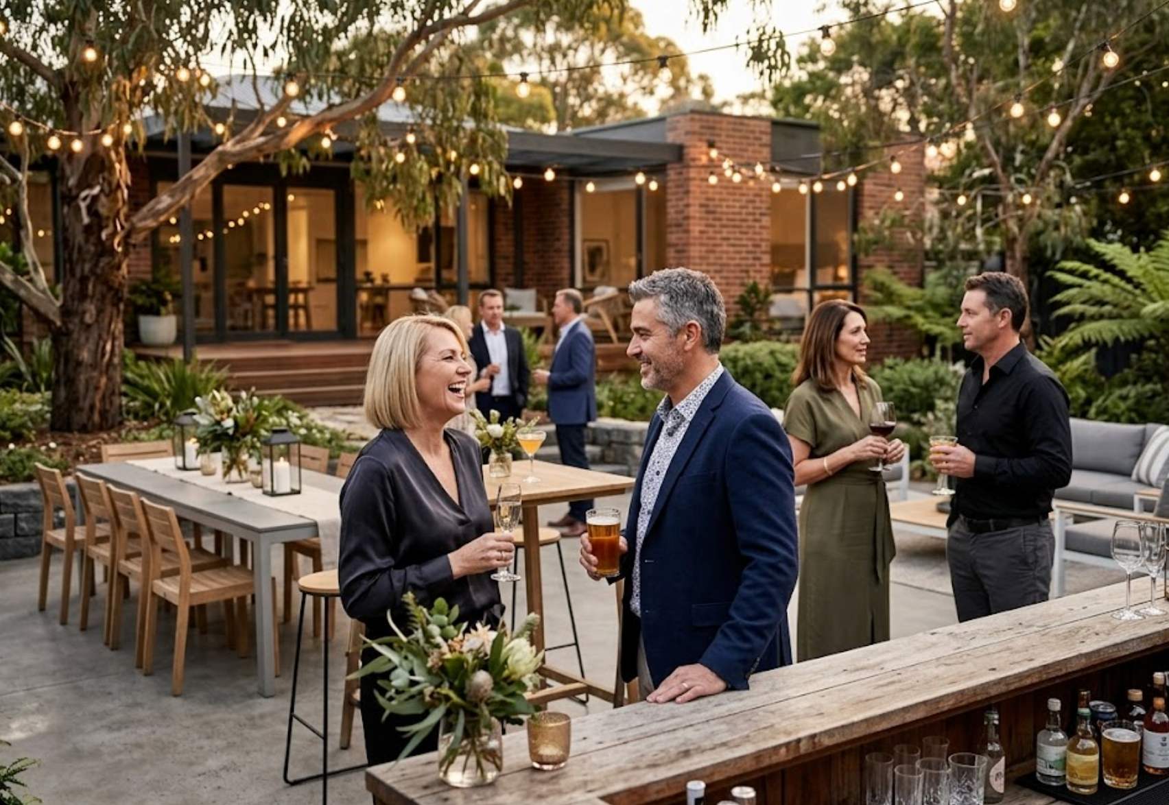 A 50th birthday in someones backyard, surrounded by fairy lights and acoustic music. 