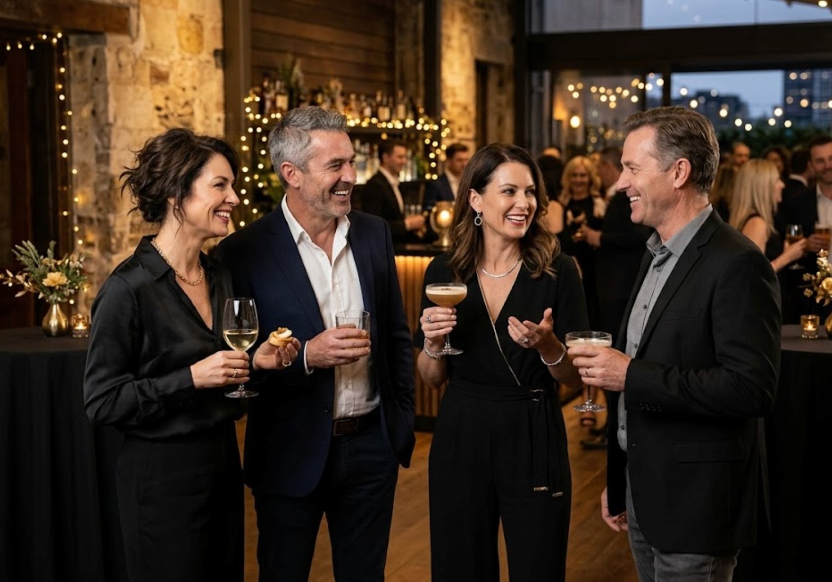 Guests enjoying drinks at a stylish 50th birthday cocktail party.