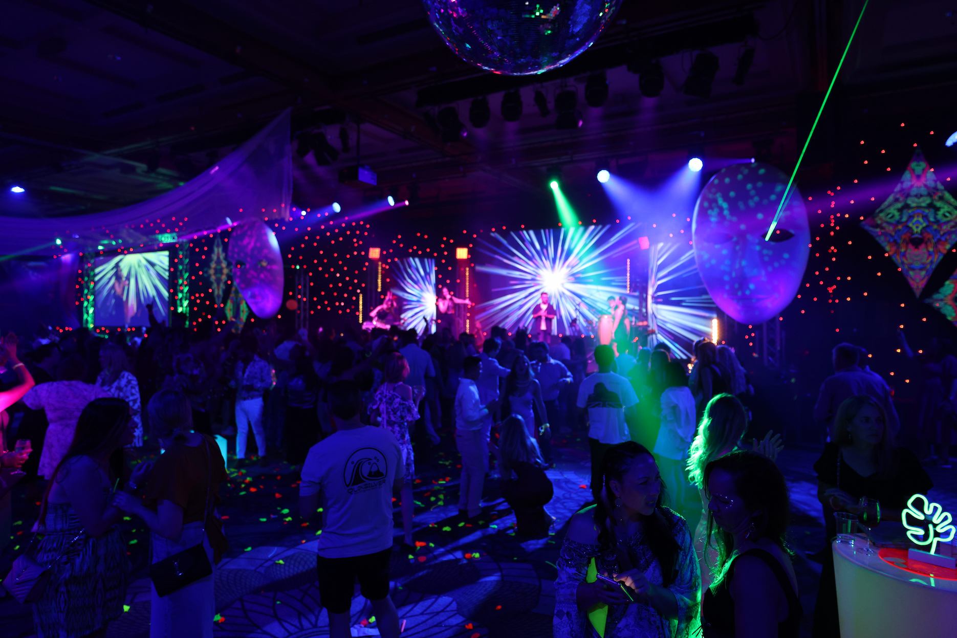 80s-themed-party Neon-lit dance floor and disco ball at a lively 80s themed party.