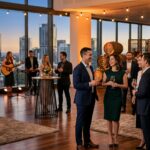 Guests mingling at a stylish corporate cocktail event with city views and live acoustic music.