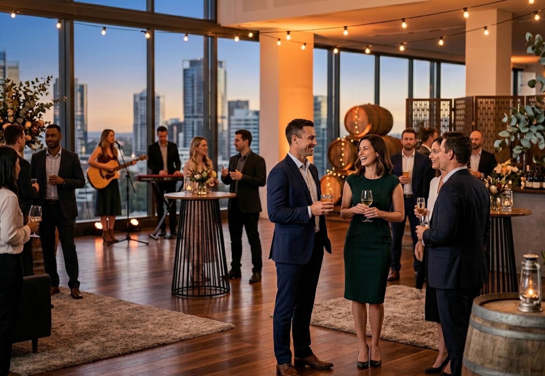 Guests mingling at a stylish corporate cocktail event with city views and live acoustic music.