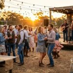 Country themed party with live band playing at sunset, guests dancing outdoors with festoon lights and rustic styling.