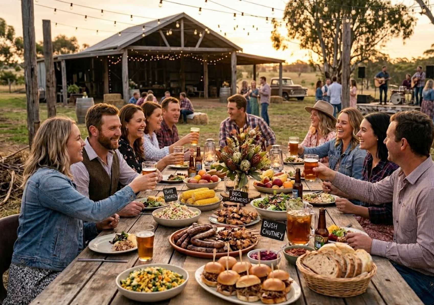 Country themed party with guests sharing barbecue food at a long table outdoors, rustic décor, festoon lights and relaxed social atmosphere.
