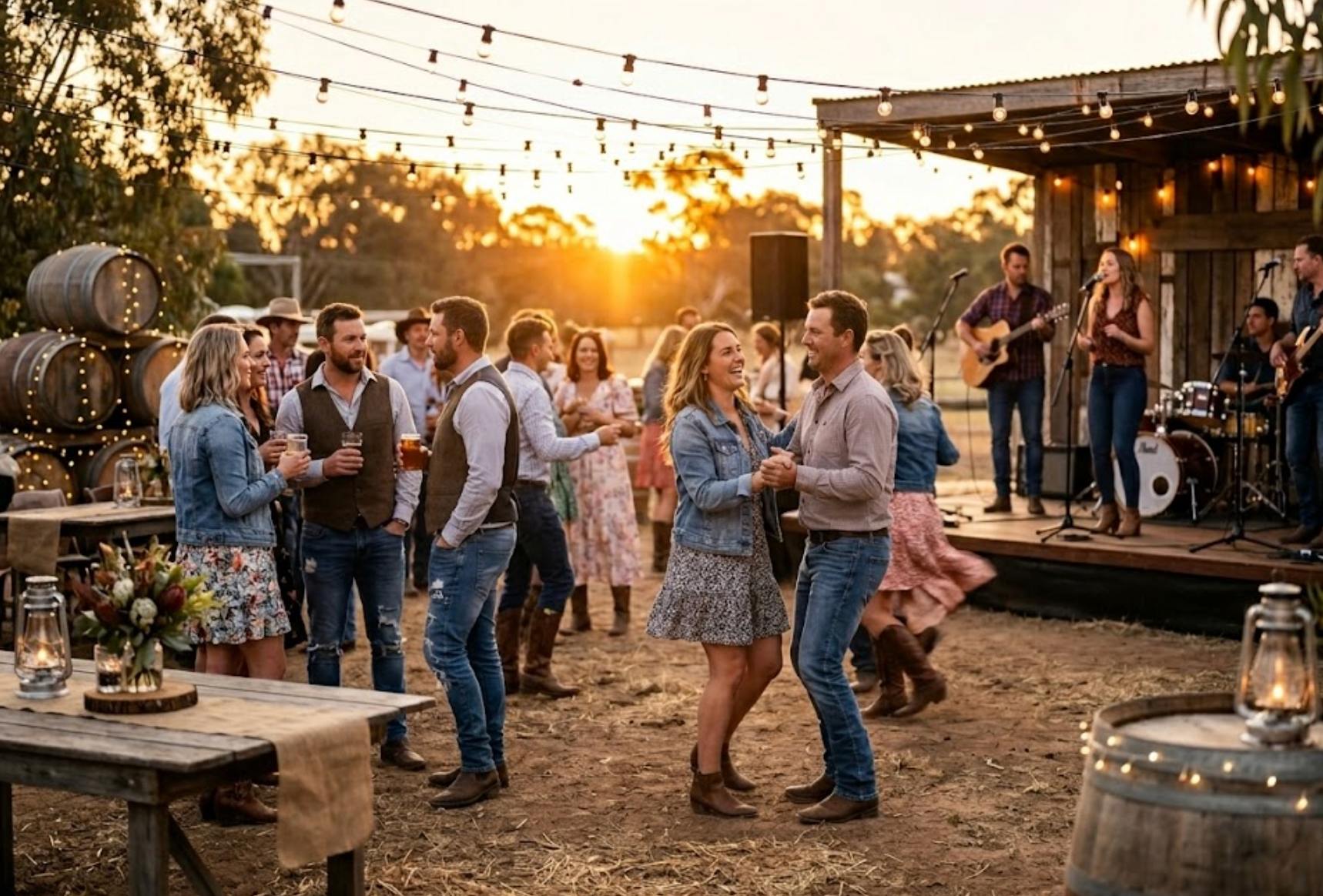 Country themed party with live band playing at sunset, guests dancing outdoors with festoon lights and rustic styling.